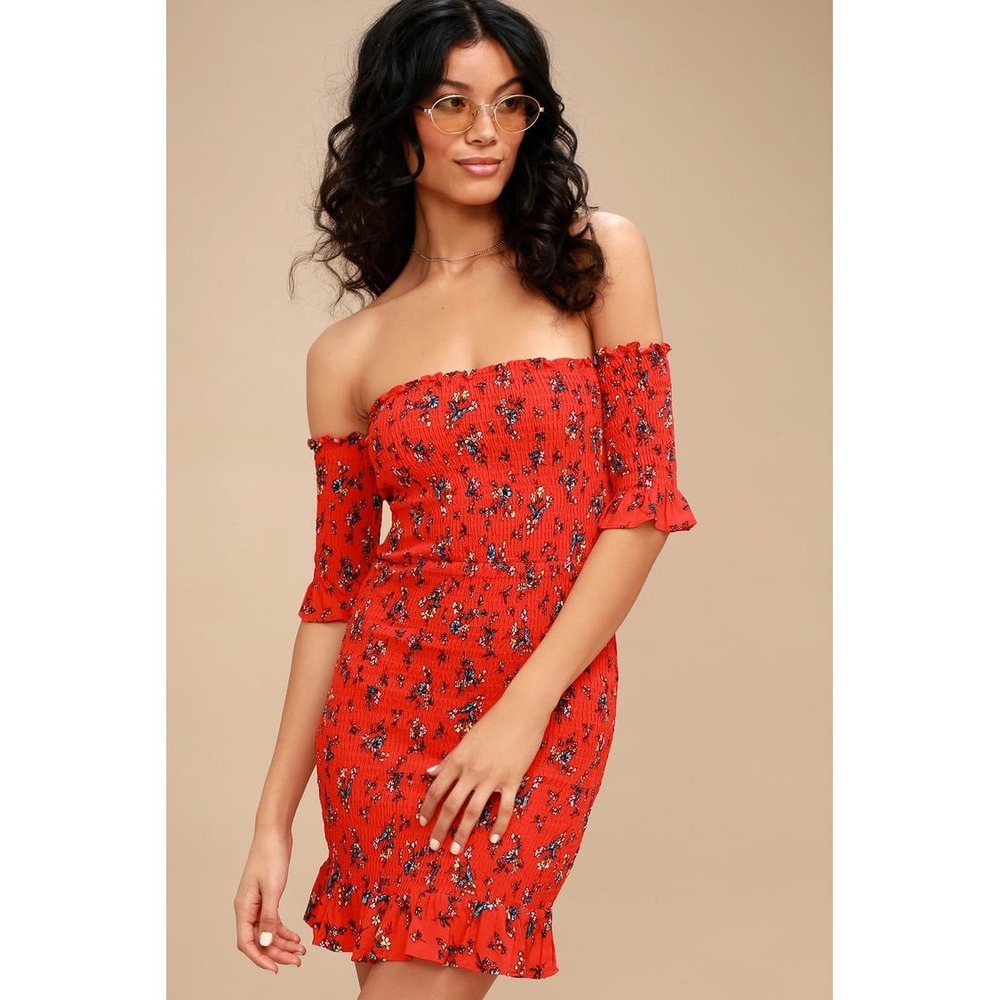 NEW Lulus Red Floral‎ Print Smocked Off the Shoulder Bodycon Mini Dress, Medium